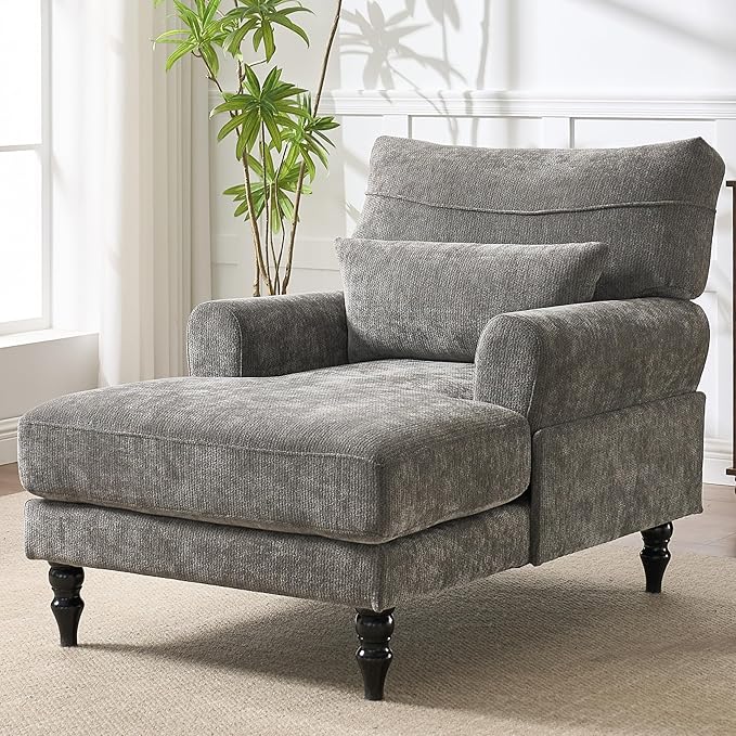 KEIKI Chaise Lounge Chair Indoor Modern Leisure Sleeper Sofa Chair w/Double Deep Cushion Accent Upholstered Reading Side Armchair Recliner Arm Chairs for Living Room &amp Bedroom Easy Assembly G