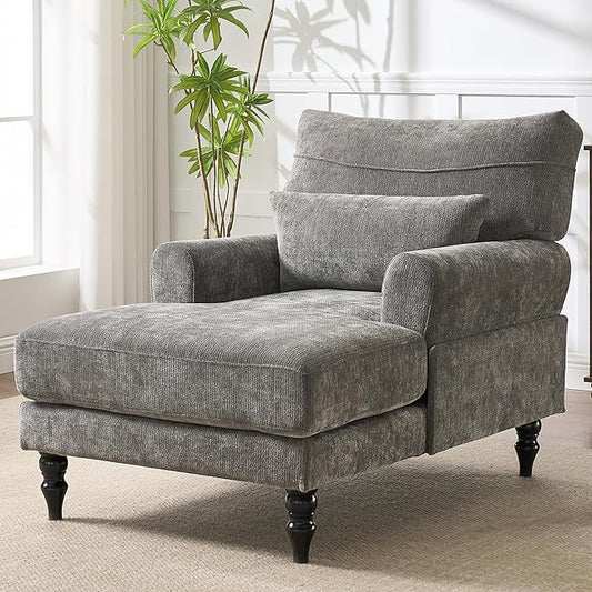 KEIKI Chaise Lounge Chair Indoor Modern Leisure Sleeper Sofa Chair w/Double Deep Cushion Accent Upholstered Reading Side Armchair Recliner Arm Chairs for Living Room &amp Bedroom Easy Assembly G