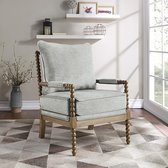 OSP Home Furnishings Fletcher Spindle Accent Chair with Rustic Brown Finish Smoke Grey Upholstery