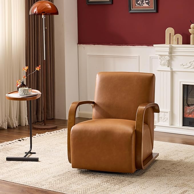 Modern Comfortable Reading Chair360°Swivel Accent Chair with Solid Wood Curved ArmsElegant Knit Linen Single Sofa for Living RoomBedroomOfficeReading NookAntique Brown Set of 2
