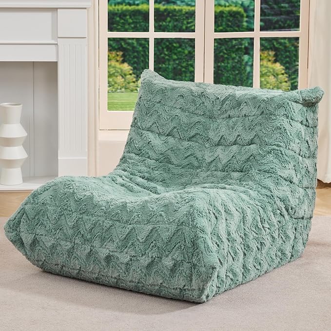 Bean Bag Chairs for Adults Giant Bean Bag Chair Memory Foam BeanBag Chair Bean Bag Sofa with Filler Faux Fur Fireside Beanbags Lazy Sofa for Living Room Bedroom Office (Green Chevron Single)