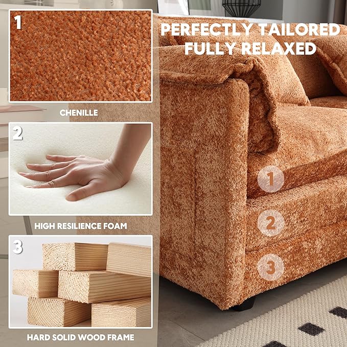 77 L Shaped Modular Sectional Sofa Comfy Upholstery Chenille Cloud Couch Loveseat with Ottoman Modern 3-Seat Deep Seat Sofa with Pillow for Living Room Bedroom Apartment Orange