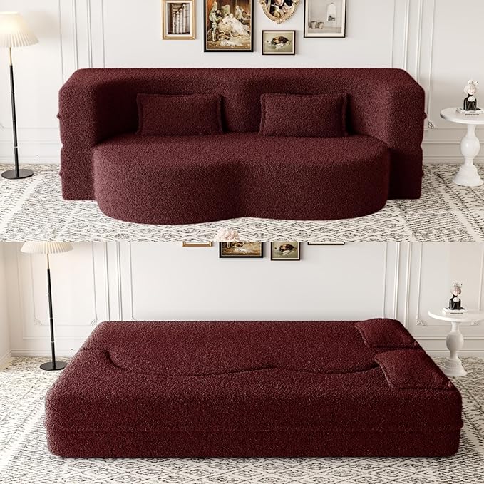2 in 1 Folding Floor Couch Sofa Bed with 2 Pillows Teddy Fabric Foam-Filled Convertible Sleeper Sofa Full Mattress for Living Room Guestroom No AssemblyBurgundy Required Sofa Bed