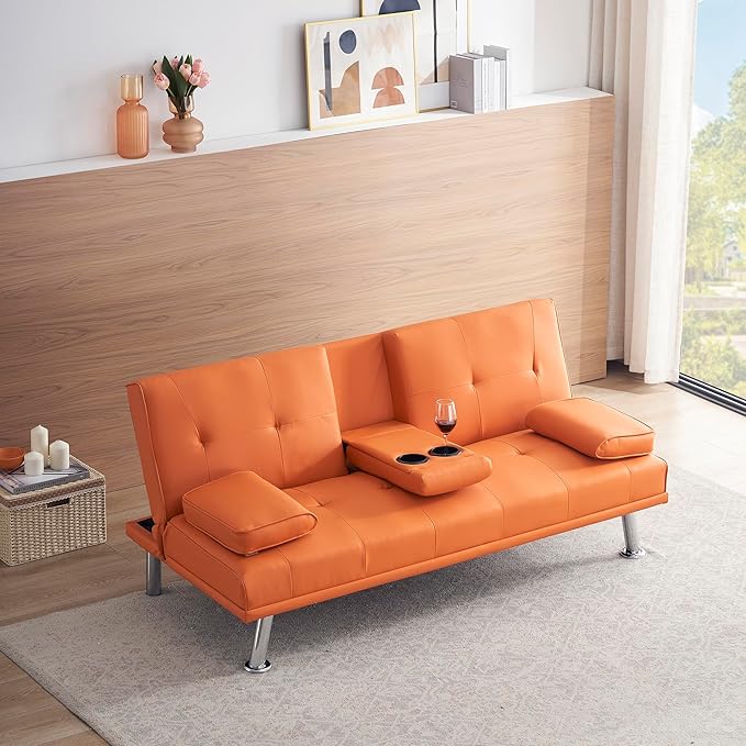 Futon Sofa Bed Modern Folding Couch for Small Space Faux Leather Convertible Loveseat Sleeper Bed Daybed Recliner Lounge Sofas for Living Room2 Cup HoldersMetal LegsRemovable Armrests (Orange)