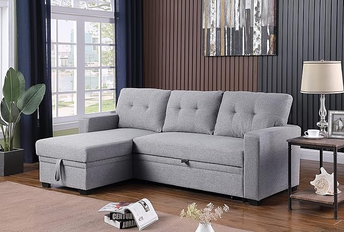 ERYE 82-inch Pull Out Sleeper Couch Bed L-Shaped Reversible Sleeper Sectional Sofa Linen Blend Tufted Upholstered Corner Convertible Sofa Bed with Storage Chaise