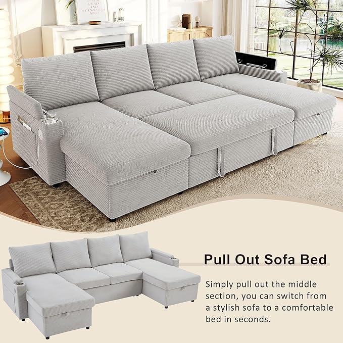 109.5 Sectional Sofa Convertible Pull-Out Sofa Bed with 2 Storage Chaise Lounges and Cup Holders Chenille Fabric U-Shaped Couch with Storage Boxes &amp USB Ports for Living Room (Grey-9.19)