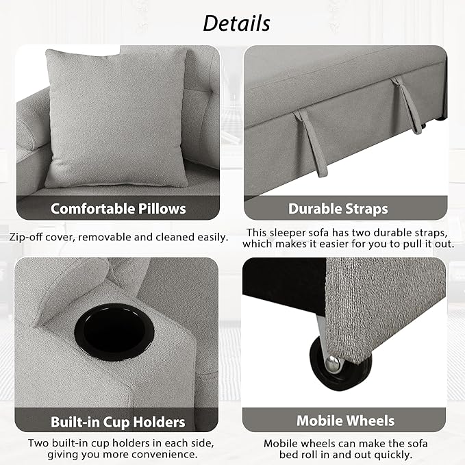 83 L-Shape Sofa Bed Pull-Out Sleeper Sofa with Wheels and Built-in Cup Holders Modern Button Tufted 3 Seater Sectional Corner Couch with Power Sockets for Living Room (Grey-s32)