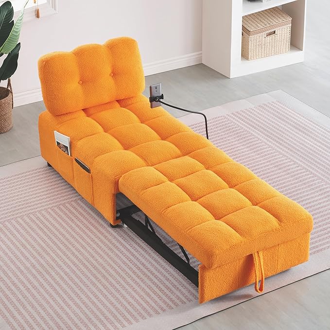 Modern Teddy Fabric Sofa Bed Futon3 in 1 Convertible Pullout Bed Couches with 3 Reclining BackrestsPhone StandSmall Sofa Single Sleeper Chair Bed for Living Room Bedroom (Orange)