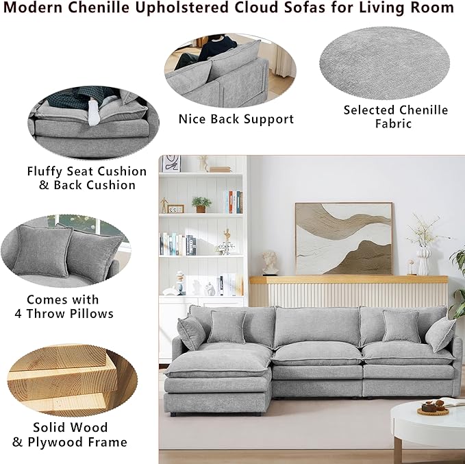 102 L-Shaped Sofa for Living RoomModular Sectional Cloud Sofa Couch with OttomanModern Chenille 3 Seater Sofas with Deep SeatSmall L Shaped Couches for Bedroom (Grey 102)