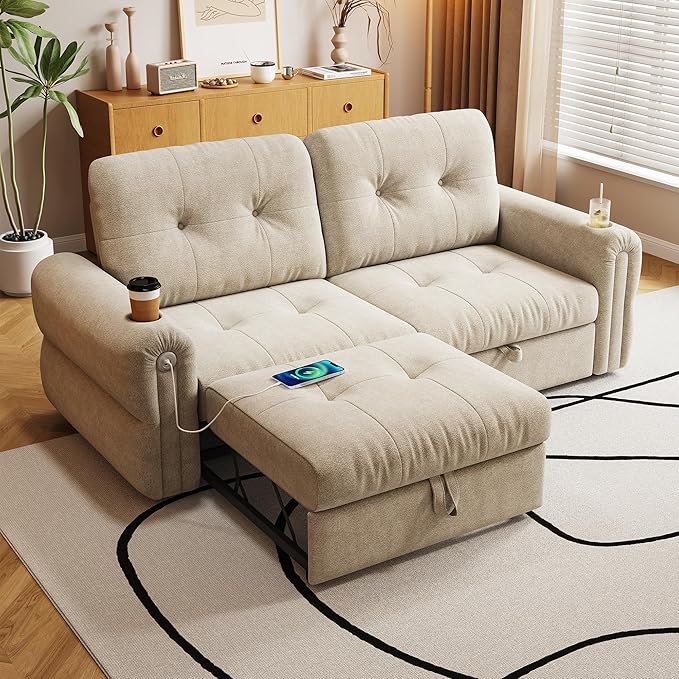 80.4 Convertible Sofa Bed with Cup Holders and Adjustable Backres Chenille Loveseat Sleeper Sofa with Pull Out Bed and USB Charging 3 in 1 Multi-Functional Couches (Beige 80.4-inch)