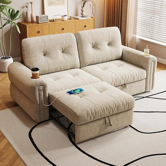 80.4 Convertible Sofa Bed with Cup Holders and Adjustable Backres Chenille Loveseat Sleeper Sofa with Pull Out Bed and USB Charging 3 in 1 Multi-Functional Couches (Beige 80.4-inch)