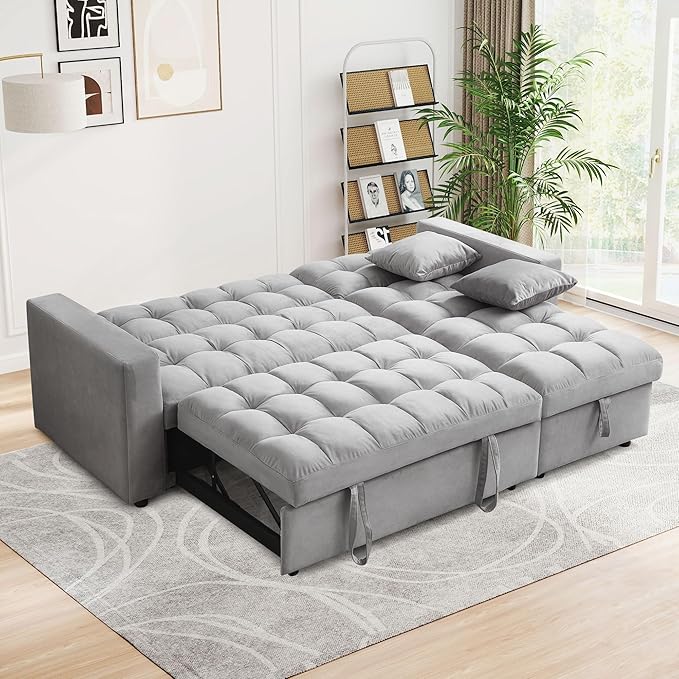 Convertible Sleeper Sofa Bed82.6W Velvet Tufted L Shaped Sectional Couch with Adjustable Back &amp Reversible Storage ChaiseModern Futon Pull Out Couch Bed for Living RoomApartmentSmall Place(Gr