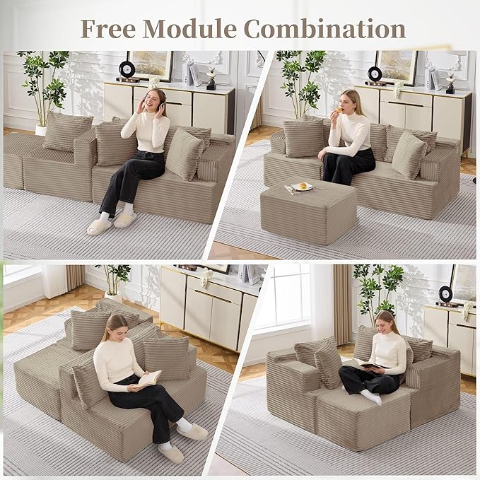 80 Cloud Modular Sectional Sofa with L-Shaped Boneless Couches for Living Room Fluffy Comfy Corduroy Deep Seat with Ottoman Bedroom Apartment No Assembly Required