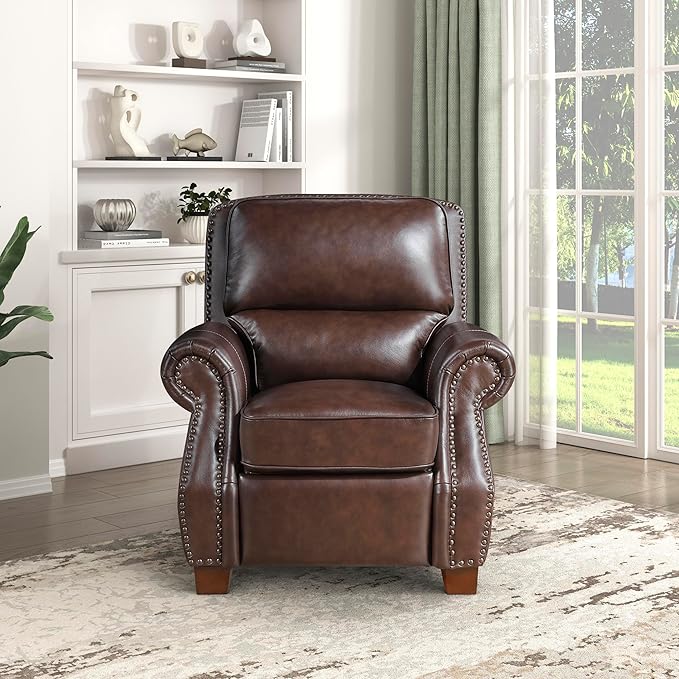 Lexicon Push Back Reclining Chair Top Grain Leather Match Push Back Recliner Chair with Nailhead Trim Rolled Arms Solid Wood Legs for Living Room/Apartment/Office Easy Assembly Brown