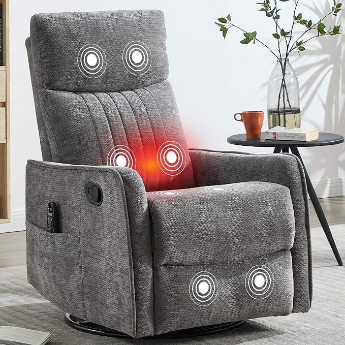 Small Swivel Rocker Recliner Chair for Nursery Heat &amp Massage Manual Upholstered 360° Fabric Glider Chair Small Recliners for Small Spaces Living Room (Dark Grey)