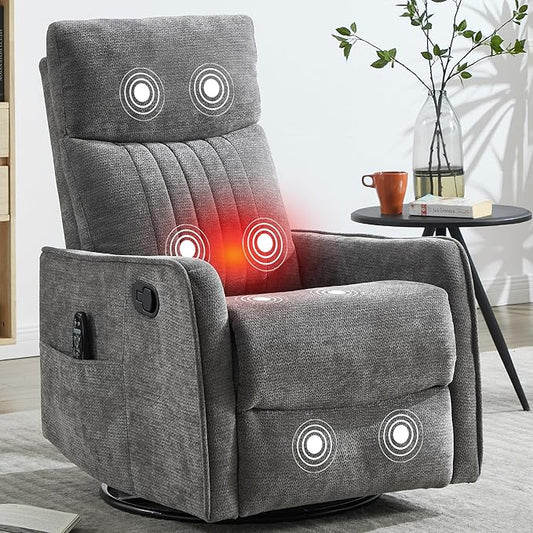 Small Swivel Rocker Recliner Chair for Nursery Heat &amp Massage Manual Upholstered 360° Fabric Glider Chair Small Recliners for Small Spaces Living Room (Dark Grey)