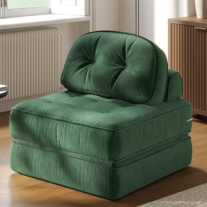 Dowinx Folding Sofa Bed with Pillow Convertible Comfy Couch Bed for Adults Home Lounge and Gaming Modern Comfortable Design for Apartment Living Room Bedroom Single Ribbed Velvet Green