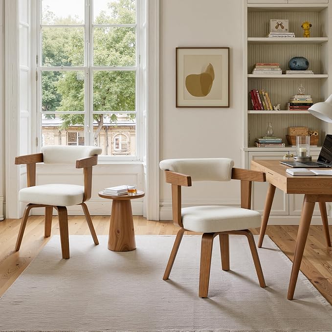 Art Leon Office Chair No Wheels - Mid Century Modern Desk Chair Fabric Upholstered Accent Arm Chair with Wood Legs for Small Spaces Home Office Living Room Bedroom Study Off White/Walnut