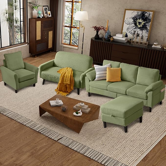 4 Pieces Corduroy Living Room Sets with Sofa Ottoman Loveseat and Chair