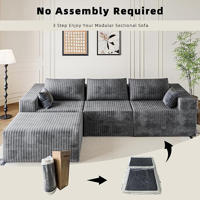 110 Boneless Couches for Living Room Cloud Couch Modular Sectional Sofa with Deep Seat Plush Large Foam Sofa L-Shape Sofa CouchNo Assembly Required Carbon Gray(Plush Corduroy Fabric)