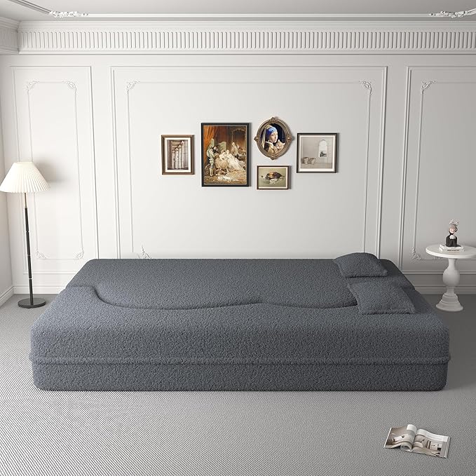 Hommoo Convertible Sleeper Sofa Bed Futon Sofa Folding Mattress Couch Full Size Teddy 2 in 1 Compression Floor Lounge Couch High Density Foam for Living Room/Guest Room/Apartment Grey