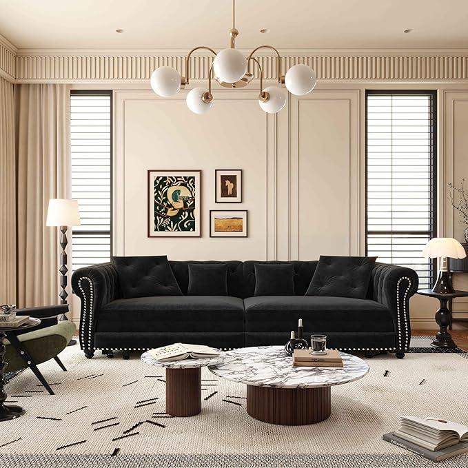 89'' Pull Out Sofa Bed King Chesterfield Velvet Sleeper Sofa Convertible L-Shaped Futon Couch Tufted Back 4 Pillows Ottoman Deep Seat Loveseat Couches for Living Room Apartment Black