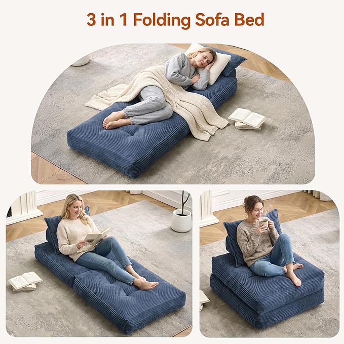 Folding Sofa Bed Fold Out Chair Bed with Pillow Convertible Sleeper Chair for Living Room/Small Spaces Foldable Lazy Sofa Bed Floor Chair Comfy Corduroy Couch Bed Navy Blue