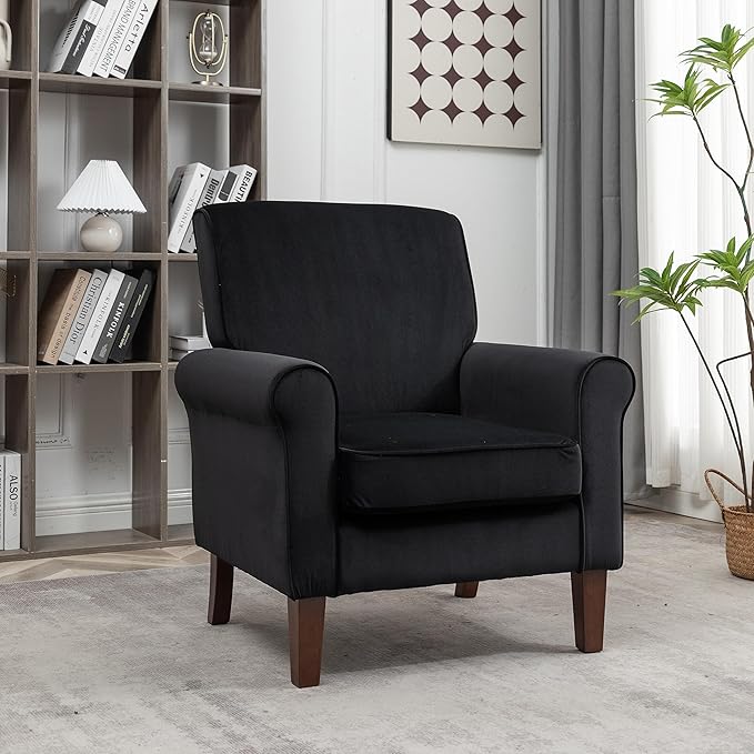 Classic Accent Armchair with Birch Wood Frame and Comfortable Rolled Armrests Arm Chairs for Living Room Bedroom and Office Decor Black