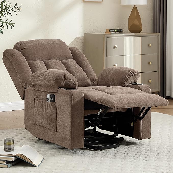 Power Lift Recliner Chair for Elderly with Massage and Heat Reclining Sofa Chair with USB &amp Type-C Ports and Cup Holders L1288(Brown)