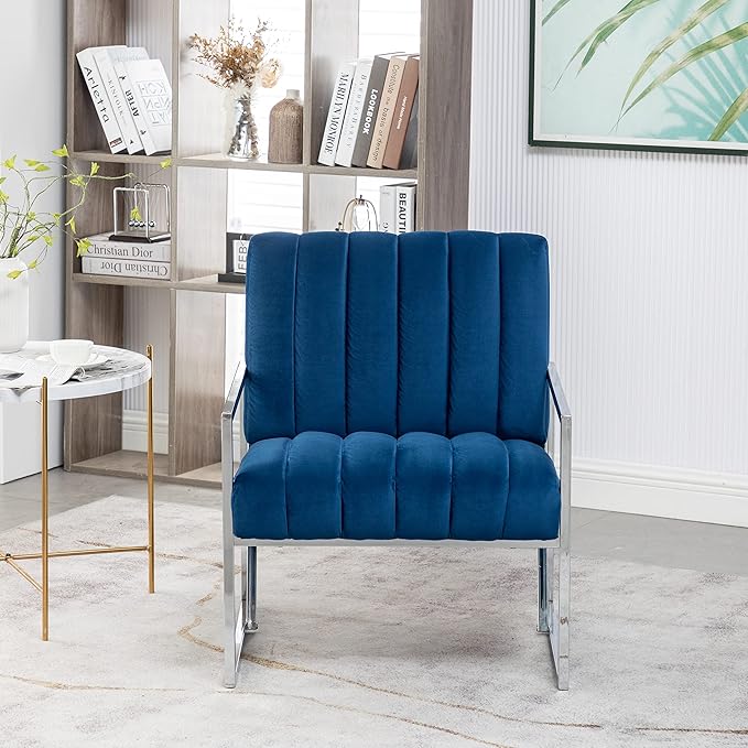 Generic Velvet Vertical Stripe Armchair Gold Metal Frame Accent Chair Suitable for Living Room BedroomBlue
