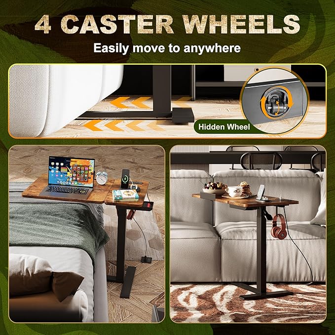 Standing Desk Medical Overbed Table with Rolling Tray and Power Outlet Dual Pneumatic Angel and Height Adjustable Desk Portable Side Table with Drawer for Home &amp Hospital Rustic Brown