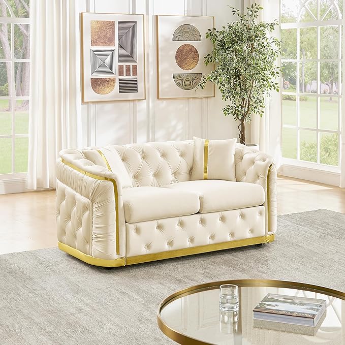 KEIKI 63 Luxury Oversized Velvet Chesterfield Sofa with 2 Pillow &amp Gold Stainless Decoration Italian Modern Style 2-Seater Button Tufted Couch with Rolled Arms Easy Assembly for Living Room B