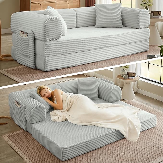 Boneless Couch Folding Couches for Living Room Sofa Futon Sofa Bed with Sleeper Sofa Futon Couch with Fixed-Shape Oversized Corduroy Upholstered (Light Grey 81 Inches)