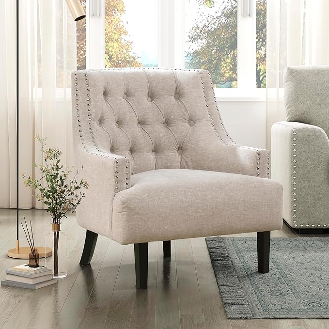 Lexicon Accent Chair Reading Chair Comfy Chair for Bedroom Upholstered Armchair with Solid Wood Frame Tufted Cushion Nail Head Trim Single Sofa Chair for Living Room Office Taupe Chenille