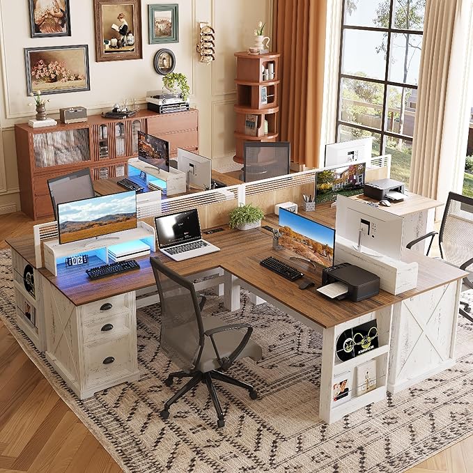 L Shaped Desk with Monitor Stand Farmhouse Computer Desk with Led Light and Power Outlet Executive Desk for Home Office Room Workstation with File Cabinet for Working Gaming Antique White