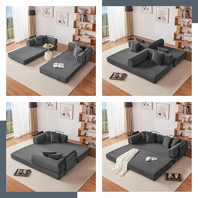 79 Oversized Boneless Couch with 4 Pillows5 in 1 Convertible Sleeper Futon Sofa Bed with Deep SeatCorduroy Foldable Modular Floor Pull Out Couch for Living RoomNo AssemblyGray