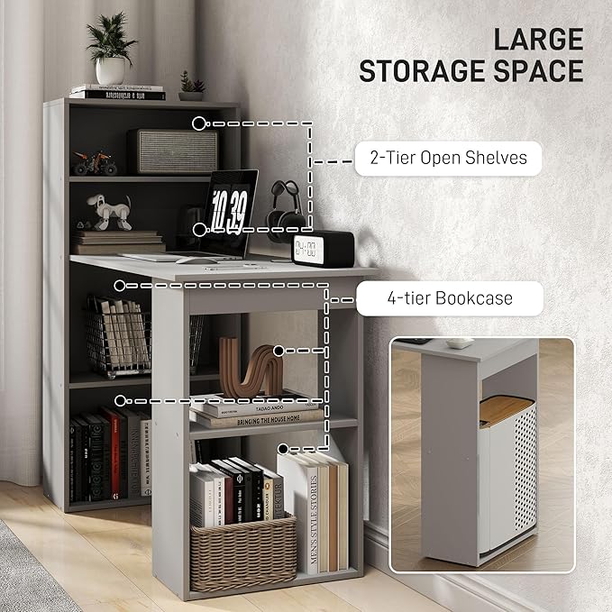 HOMCOM Modern Home Office Desk with 6-Tier Storage Shelves 47 Writing Desk with Bookshelf Gray