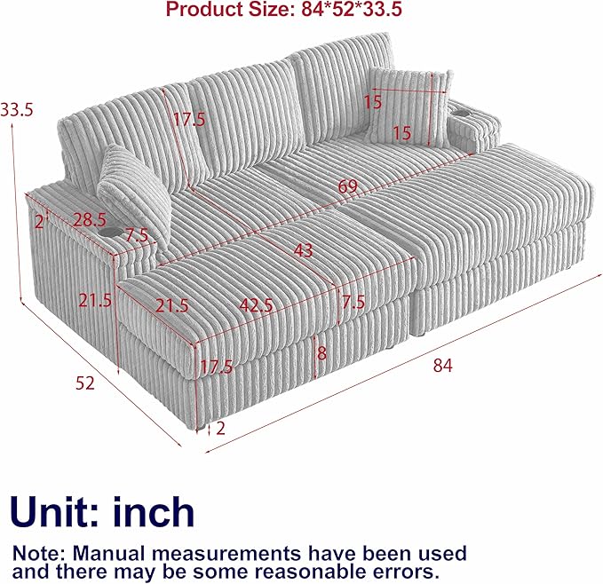 84 W Double Chaise Lounge Chair Indoor Oversized 3 Seater Sleeper Sofa Bed with 2 Ottoman Upholstered Deep Seat Corduroy Couch with 2 Storage Armrests &amp Cup Holder for Living Room Apartment G