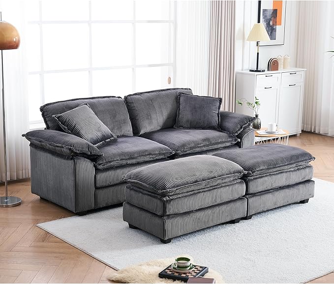 84.6” Corduroy Loveseat with Ottoman Oversized Double Chaise Lounge Chair Indoor Deep Seat Two Seater Couch Cloud Couch Modular Sectional Sofa for Living Room(Corduroy Grey)