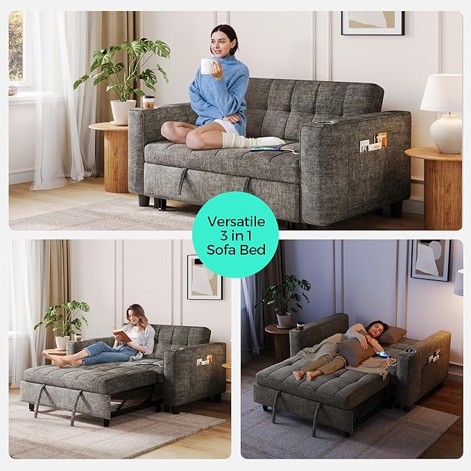 LINSY Sleeper Sofa Bed 54 Pull Out Couch with Charging Station &amp Cup Holder Small 3 in 1 Convertible Loveseat Sleeper Couch for Apartment Dorm Room Bedroom and Small Space Chenille Gray