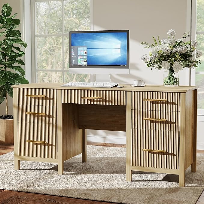 Modern Executive Desk with Drawers: 60 Oak Computer Desk with File Drawer Wood Writing Desk with Storage Fluted Home Office Desks for Living Room