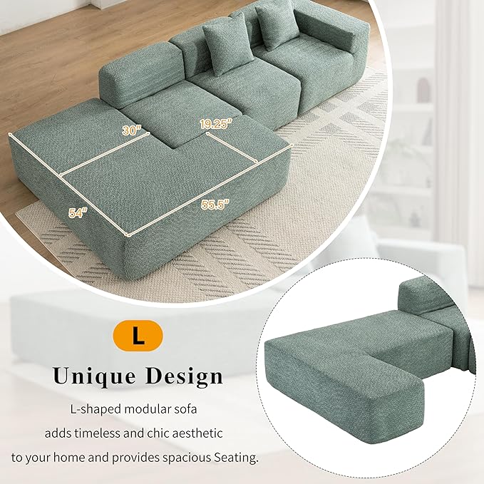 Merax 116.5 Minimalist Cloud Sectional Couch with L-Shape Chaise Green Modern Modular Sofa with Deep Seat Convertible 4 Seat Sleeper Couches Set for Living Room No Assembly Required Green