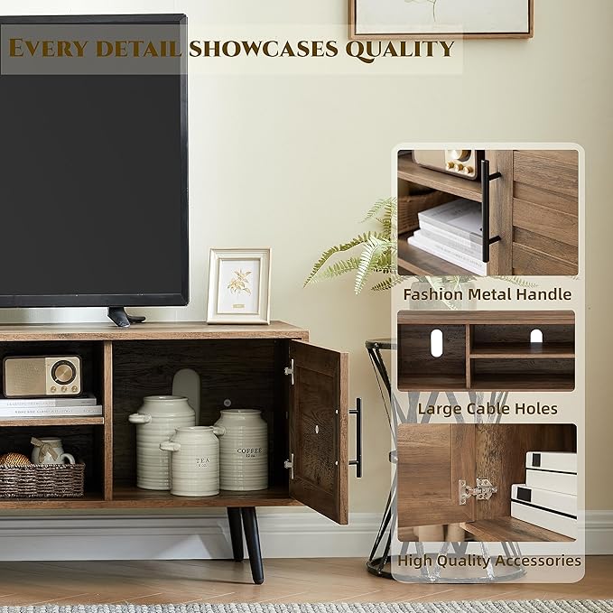 EDYO LIVING 65 Mid Century Modern TV Stand Wood TV Stand with Storage Cabinet and Open Shelf for Televisions up to 65 Entertainment Center TV Console Table for Living Room Rustic Oak