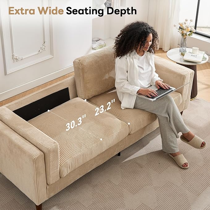 Tbfit 85 Corduroy Couch for Living Room 3 Seater Mid Century Modern Sofa with Spring Cusions for Bedroom Small Comfy Upholstered Couches Easy Assembly with Solid Wood Legs Beige