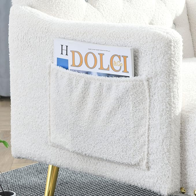 30 W Modern Chesterfield Tufted Upholstered Chair with Deep Buttons Living Room Chair Comfortable Armchair Gold Hardware Legs Tufted Chair for Reading or Relaxing White Teddy