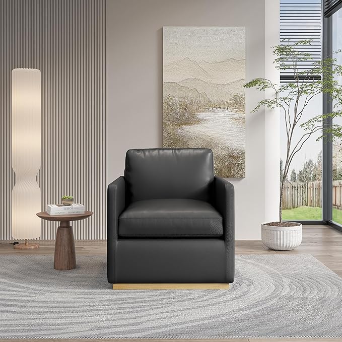 Swivel Barrel Chair Premium Comfy Round Accent Chair for Living Room Mid Century Modern Reading Chair for Adults Armchair for Small Spaces Bedroom Side Chairs for Home/Office/Leather Black