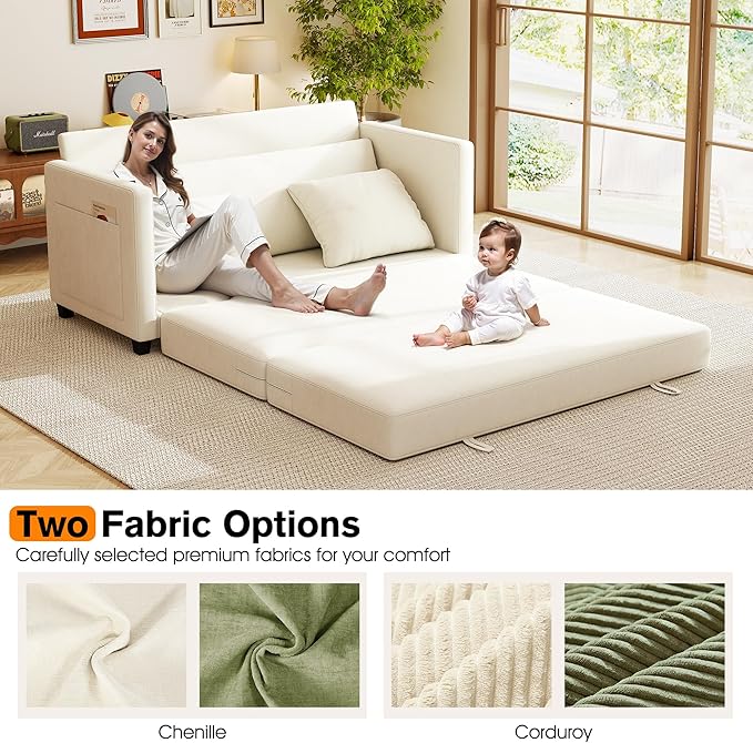 65 Loveseat Sleeper Sofa Bed Chenille Convertible Sofa Bed for Small Spaces Folding Couch Bed with Deep Seat Solid Frame Pull Out Floor Couches for Living Room Beige