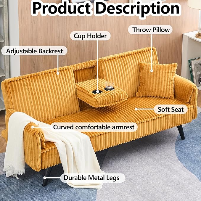 72” Corduroy Futon Sofa Bed with Pillows Modern Convertible Futon Couch with 2 Cup Holders&amp Metal Legs for Small Spaces Living Room Solid Wood Frame (Orange)