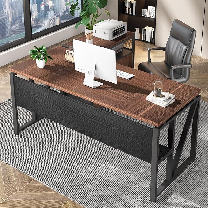 Tribesigns L-Shaped Desk with Drawers 63 Executive Office Desk with Mobile File Cabinet and Storage Shelves Home Office Business Furniture Set (Dark Brown and Black)