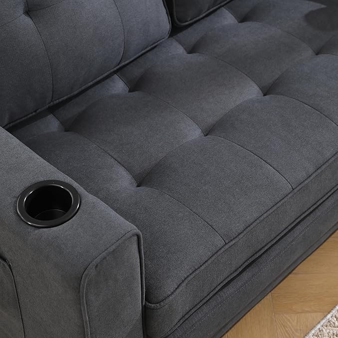 Futon Sofa Bed Convertible Folding Futon Couch Breathable Small CouchAdjustable Pull Out Chaise Lounge for Compact Living Studio in Living Room and Bedroom Offices Loveseat (Dark Gray+Holder)